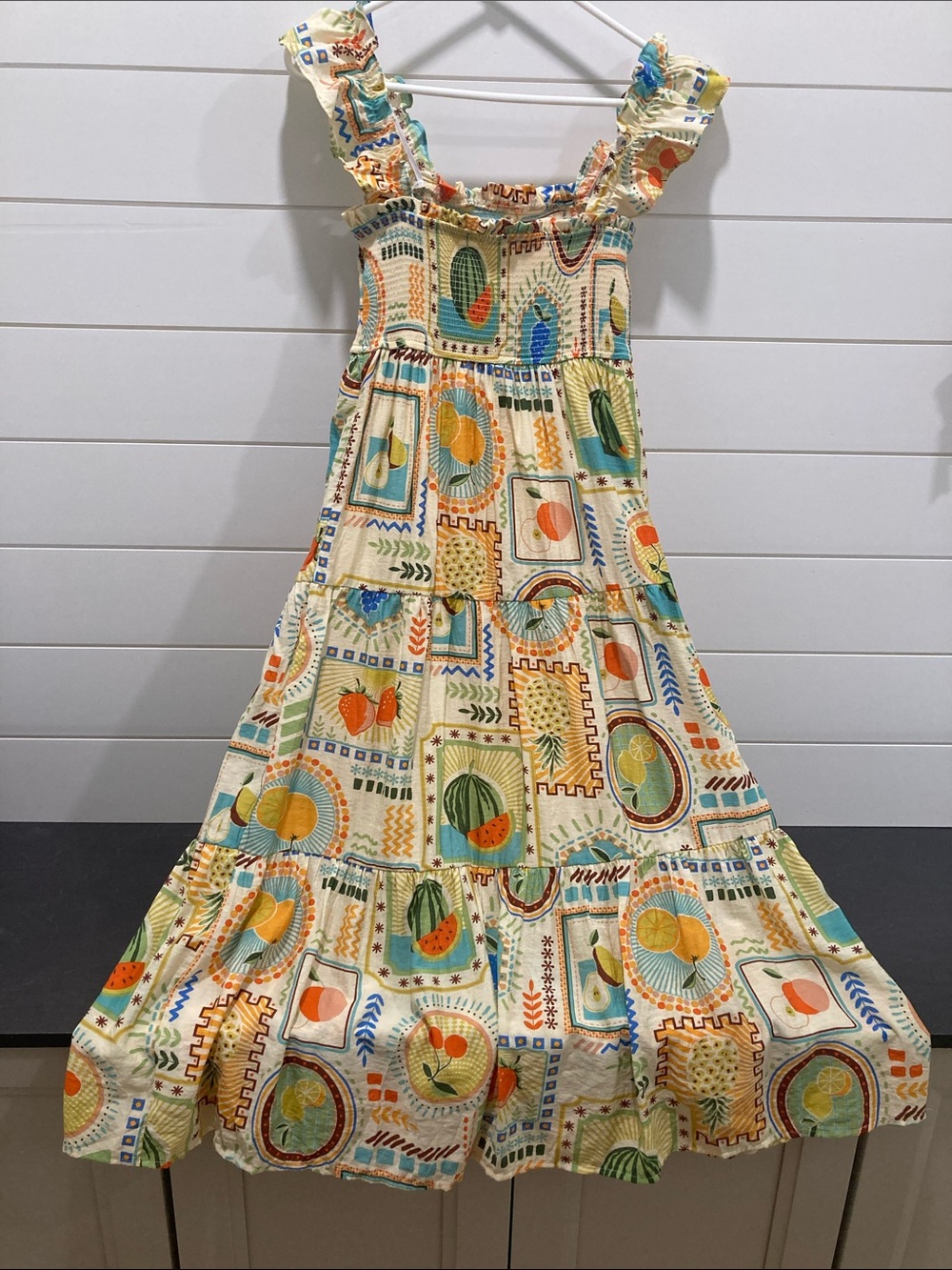 By the River Tropical Fruit Smocked Midi Dress-Sz Small-EUC-Cottagecore-Boho - Picture 7 of 7